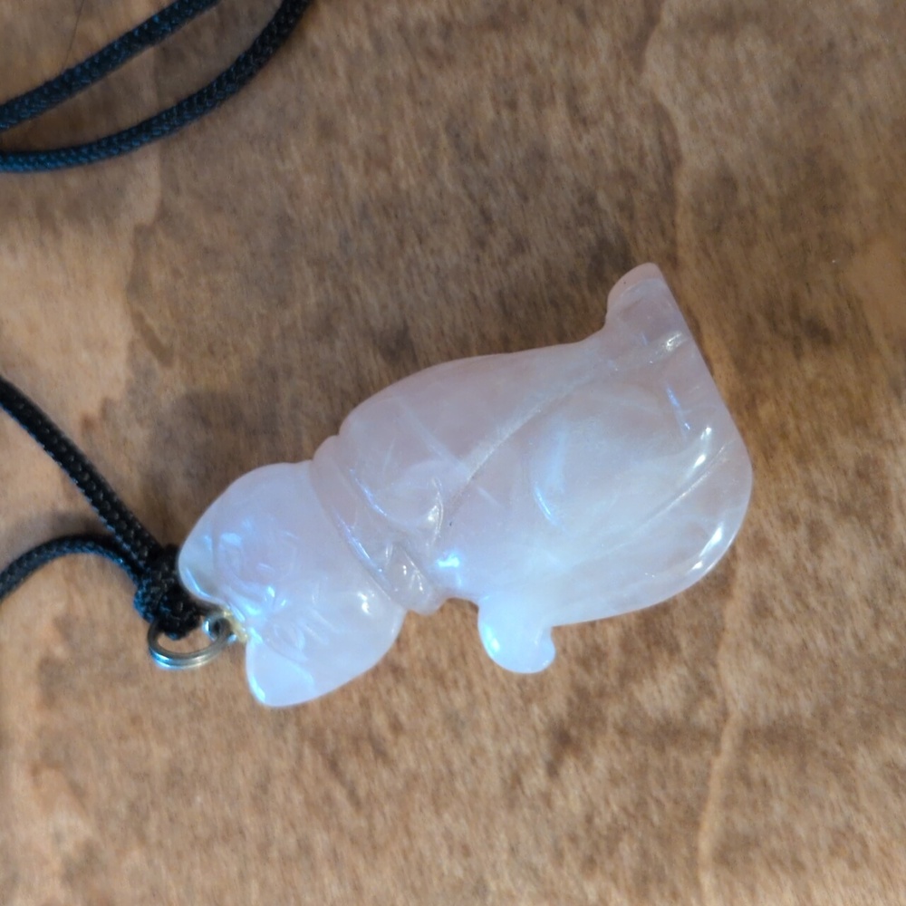 Rose Quartz Carved Cat Pendant Necklace with Black Cord - Picture 2 of 3